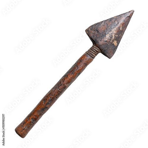 A rusty spear with a pointed tip. transparent background