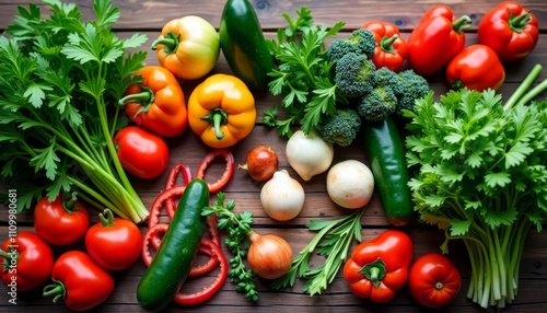 Vegetables are displayed on a wooden surface