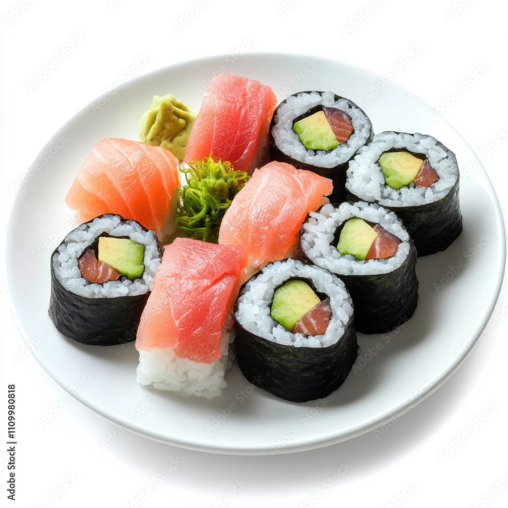 A plate of sushi rolls including tuna, salmon, and avocado A plate of sushi rolls including tuna, salmon, and avocado