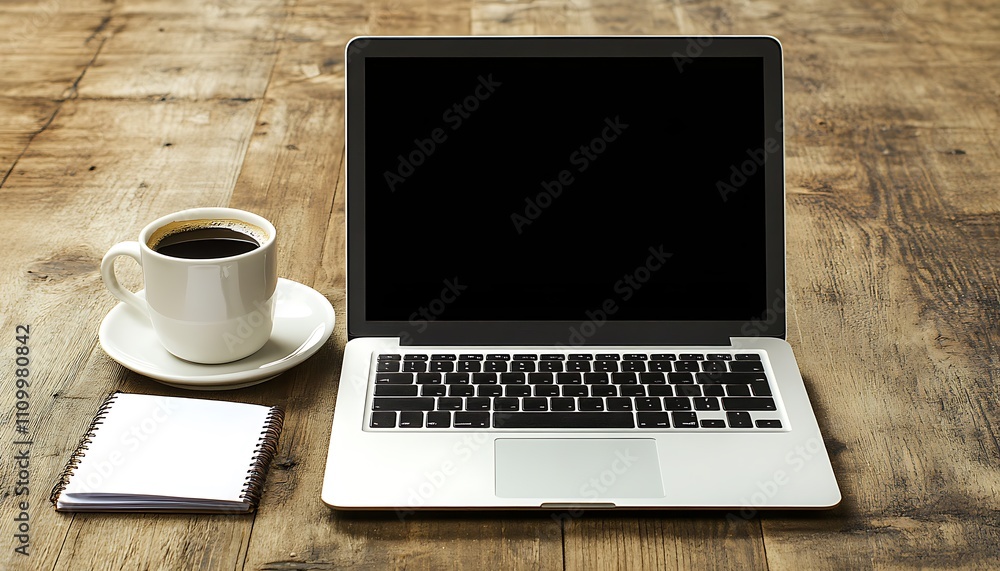 A workspace setup featuring a laptop, coffee cup, and notepad on a wooden table. A workspace setup featuring a laptop, coffee cup, and notepad on a wooden table.