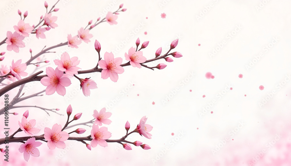 Cherry blossom branch with pink flowers in bloom, serene and beautiful, pastel background, copy space Cherry blossom branch with pink flowers in bloom, serene and beautiful, pastel background, copy space
