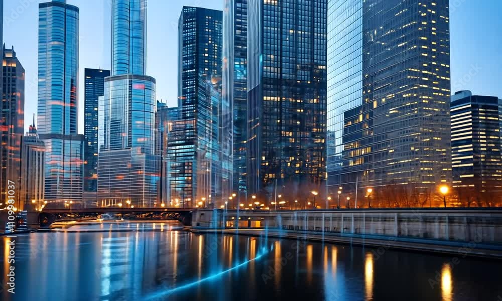 A futuristic cityscape reflecting on water with vibrant lights and digital effects. A futuristic cityscape reflecting on water with vibrant lights and digital effects.