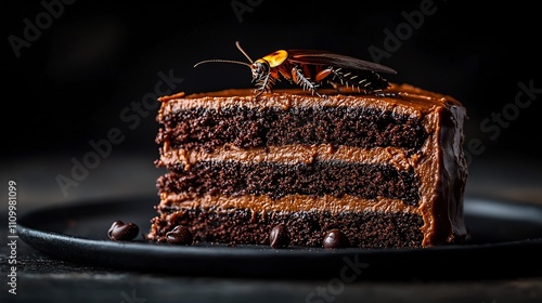 Uninvited Indulgence A Cockroach s Unwelcome Presence in a Decadent Chocolate Cake photo