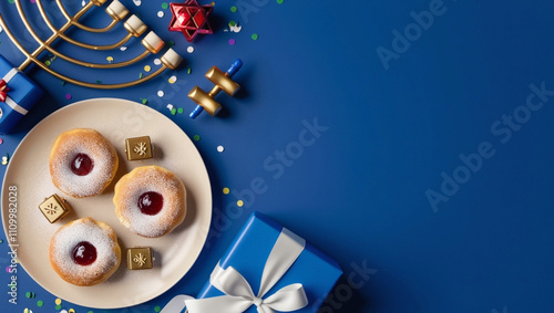 Hanukkah-themed setup with a menorah, dreidels, doughnuts, and a gift box on a vibrant blue background, celebrating the joy of the Jewish holiday photo