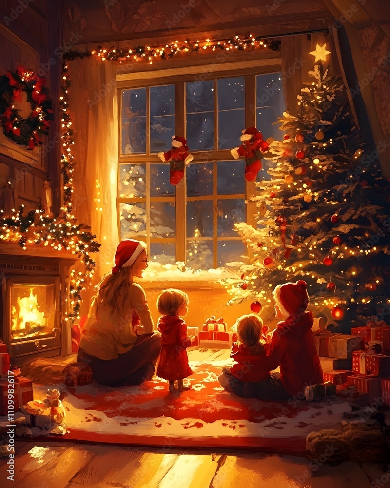 Fototapeta premium Cozy Christmas Scene with Fireplace Tree and Gifts in Warm Festive Home Interior