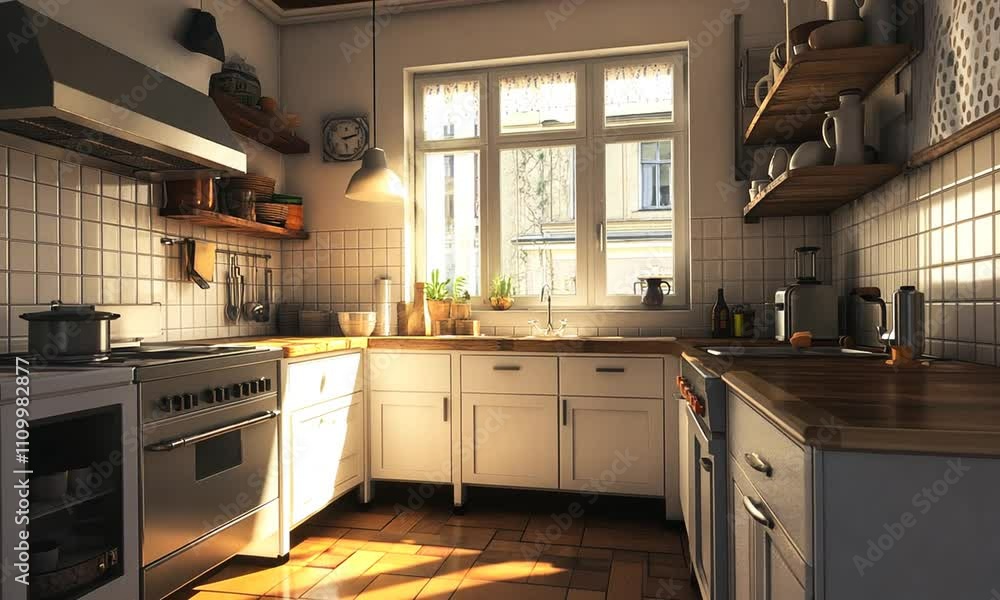A bright, inviting kitchen with natural light, wooden shelves, and modern appliances. A bright, inviting kitchen with natural light, wooden shelves, and modern appliances.