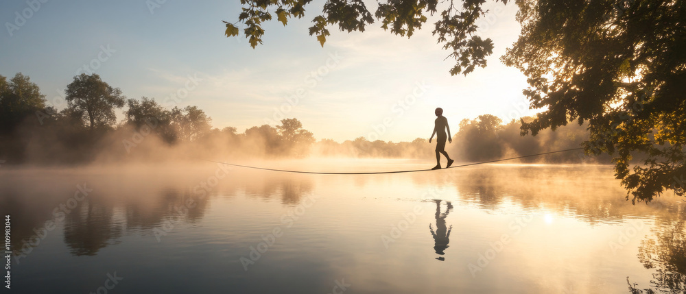 Sunrise Slacklining: Balance, Mist, and Serene Lake Sunrise Slacklining: Balance, Mist, and Serene Lake