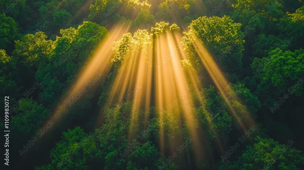Aerial view of sunlight shining through the trees in a lush forest. Aerial view of sunlight shining through the trees in a lush forest.