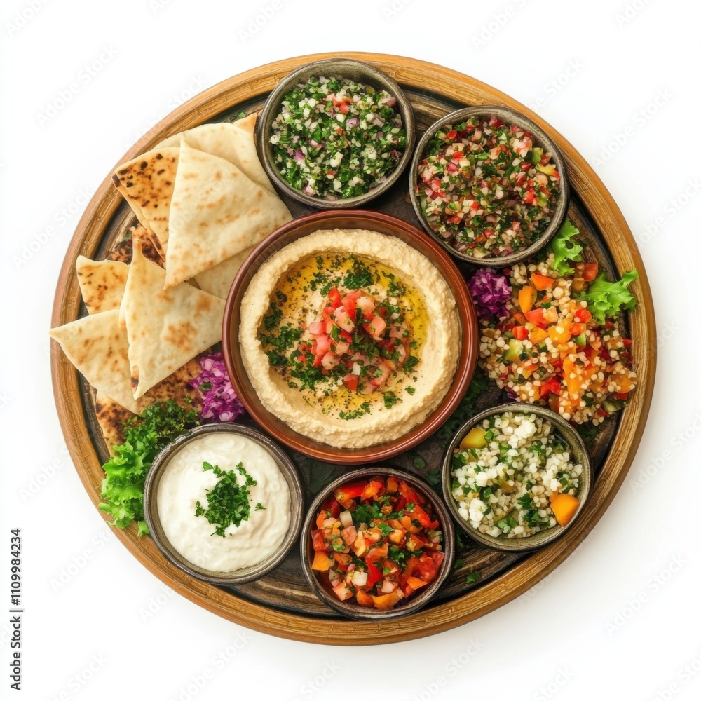 A platter of assorted Middle Eastern mezze including hummus and tabbouleh, isolated white background, expressionism art style A platter of assorted Middle Eastern mezze including hummus and tabbouleh, isolated white background, expressionism art style