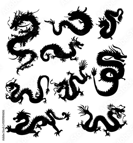 chinese dragon silhouettes collection vector illustration