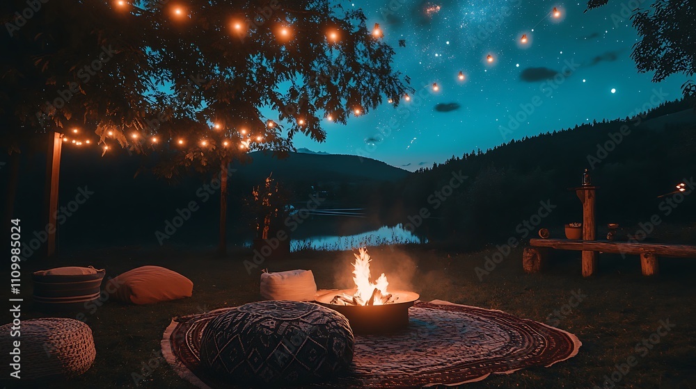 Obraz premium Romantic campfire scene at night with starry sky, lake, and string lights.