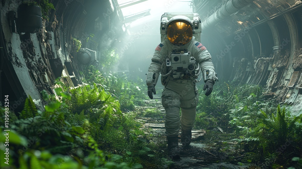 Astronaut Exploring a Lush, Overgrown Alien Structure Astronaut Exploring a Lush, Overgrown Alien Structure