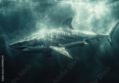 Majestic Great White Shark Swimming Gracefully Through Mysterious Underwater Environment with Soft Light Filtering Through the Surface photo