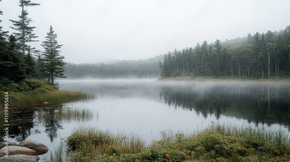 Misty morning over a tranquil lake in a forest. Misty morning over a tranquil lake in a forest.
