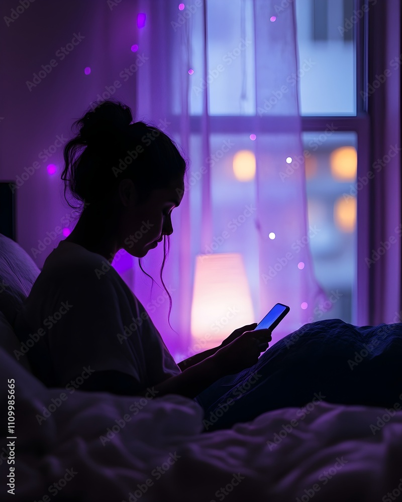 Woman Relaxing with Digital Device in Cozy Bedroom at Night Woman Relaxing with Digital Device in Cozy Bedroom at Night