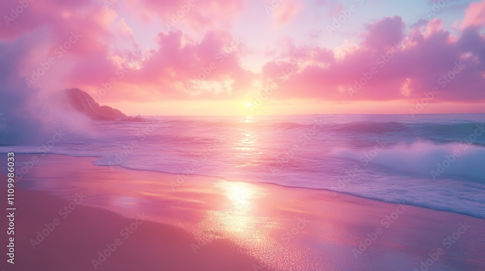 Pink sunset over the ocean with waves crashing on the shore. Pink sunset over the ocean with waves crashing on the shore.