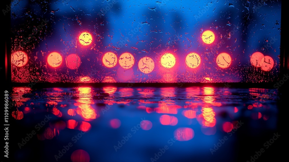 Rain drops on window pane with blurred city lights reflecting on a wet surface. Rain drops on window pane with blurred city lights reflecting on a wet surface.