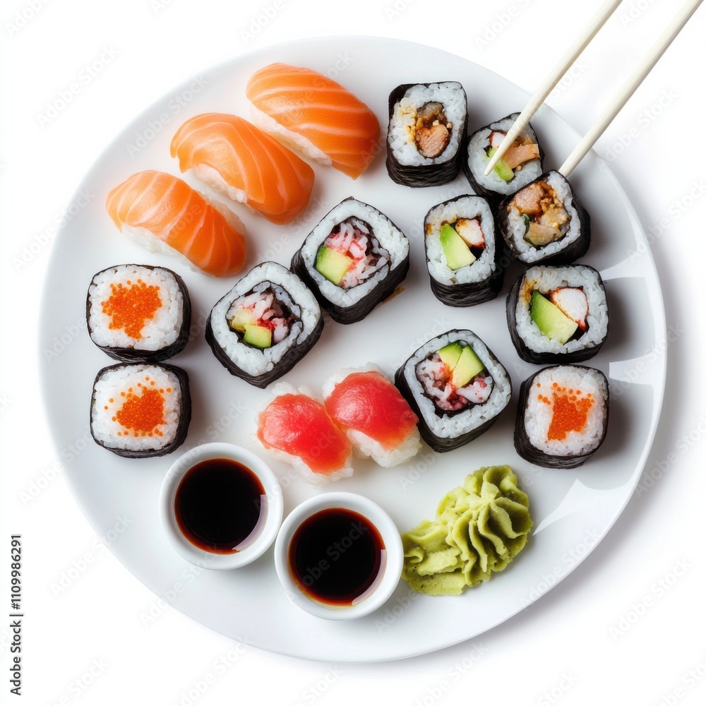 A platter of assorted sushi rolls with soy sauce and pickled ginger, isolated white background, contemporary art style A platter of assorted sushi rolls with soy sauce and pickled ginger, isolated white background, contemporary art style