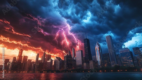 Dramatic cityscape with a vibrant, stormy sky filled with lightning.