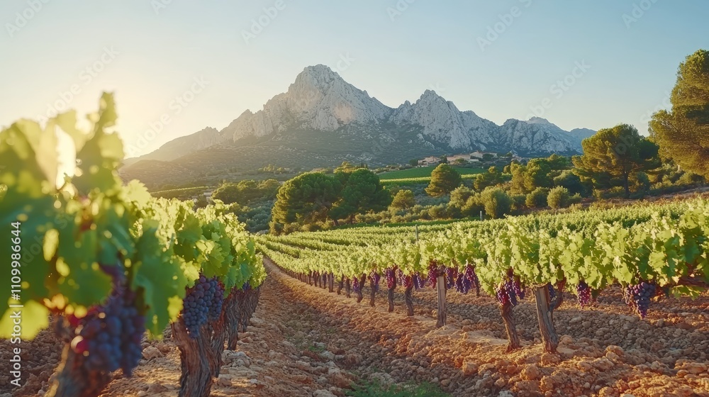 Naklejka premium Rows of grapevines in a vineyard at sunset with a mountain range in the background.