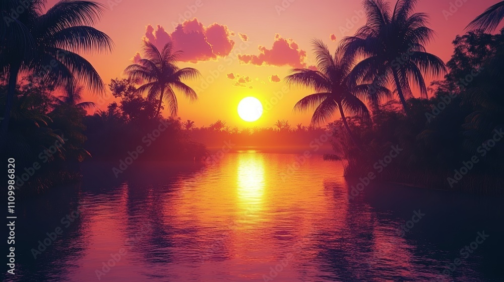 Silhouettes of palm trees on a tropical island at sunset, with a river in the foreground. Silhouettes of palm trees on a tropical island at sunset, with a river in the foreground.