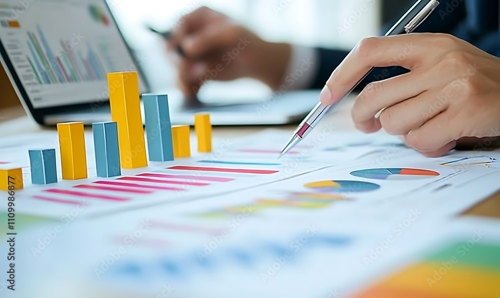 Businessperson analyzing colorful charts and graphs on documents with a pen. Businessperson analyzing colorful charts and graphs on documents with a pen.