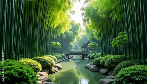 A serene garden path flanked by bamboo and manicured shrubs photo