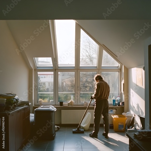 Woman Cleaning and Maintaining a Bright and Cozy Home Interior