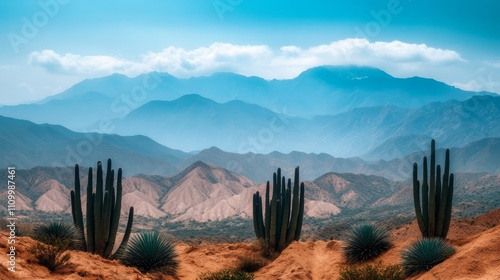 Three cacti stand in the foreground of a vast desert landscape with a mountain range in the background.