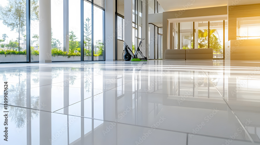 Fototapeta premium A bright, modern interior space featuring shiny tile flooring and large windows, with sunlight streaming in, creating a welcoming atmosphere