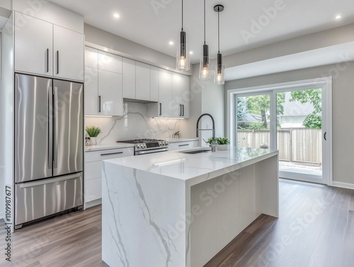 A chic white kitchen with frameless cabinetry, sleek quartz countertops, and a black faucet for a bold contrast.  photo