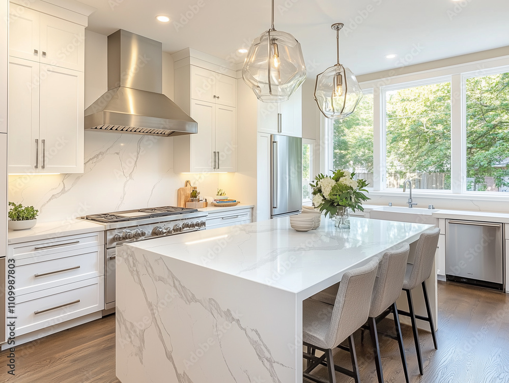 A chic white kitchen with frameless cabinetry, sleek quartz countertops, and a black faucet for a bold contrast. A chic white kitchen with frameless cabinetry, sleek quartz countertops, and a black faucet for a bold contrast.