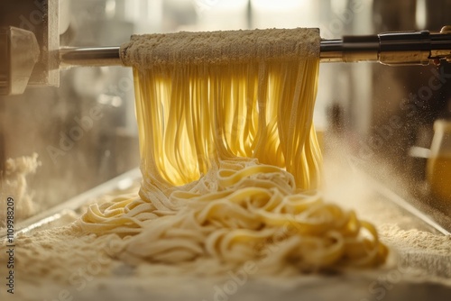 Fresh pasta strands extruding from a machine. Illustrates homemade pasta making process.