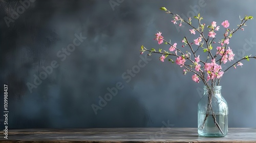 Delicate Pink Blossoms in a Clear Glass Jar on a Rustic Wooden Table Against a Dark Gray Background