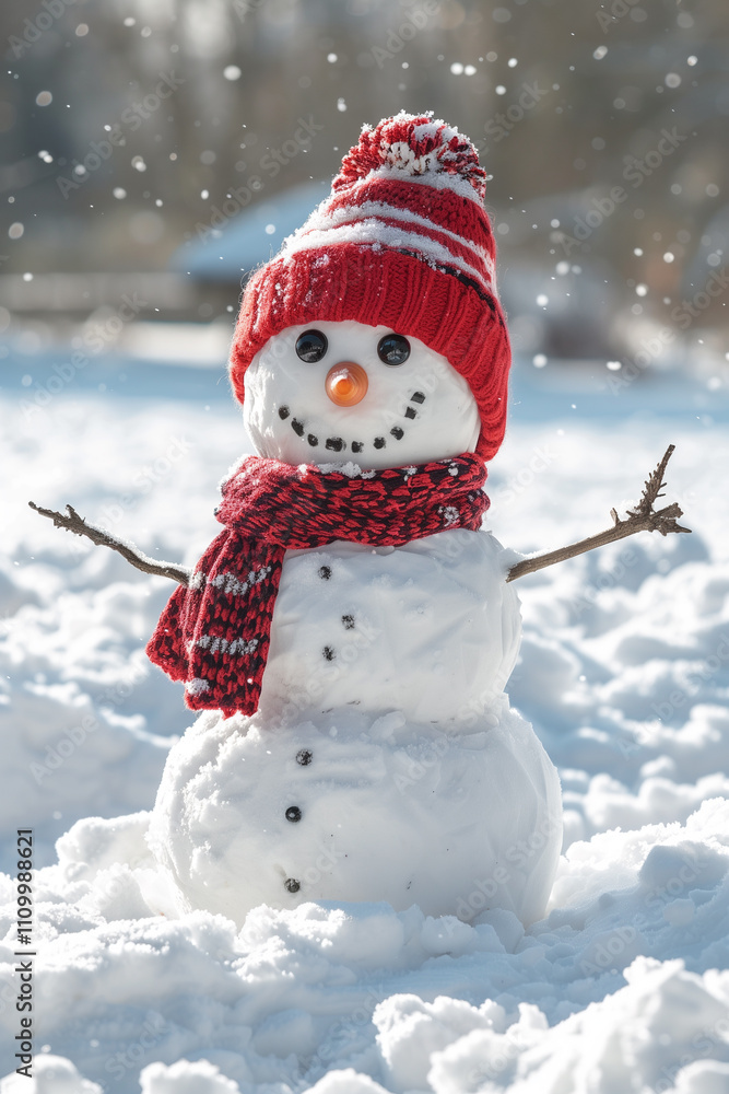 Fototapeta premium Cheerful snowman wearing a knitted hat and scarf on a snowy winter background