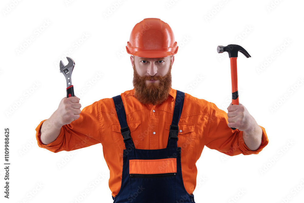 Mechanic man hold wrench and hammer. Car mechanic holding wrench hammer tool isolated on white. Car repair service. Repairman at workshop. Mechanic working in auto service Mechanic man hold wrench and hammer. Car mechanic holding wrench hammer tool isolated on white. Car repair service. Repairman at workshop. Mechanic working in auto service