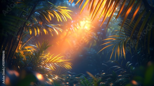 Warm sunlight peeks through the dense foliage of a lush tropical jungle.