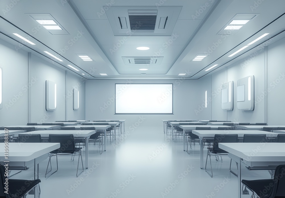 Modern Classroom Interior Design Featuring Rows of Desks and Projector Screen in Brightly Lit Space with Minimalist Aesthetic and Neutral Color Palette Modern Classroom Interior Design Featuring Rows of Desks and Projector Screen in Brightly Lit Space with Minimalist Aesthetic and Neutral Color Palette