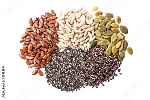Assortment of flax, sunflower, pumpkin, chia seeds. Perfect for healthy food, diet, or nutrition concepts.