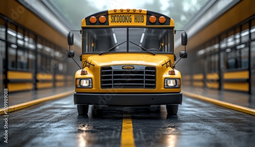 Yellow School Bus on a Rainy Day photo