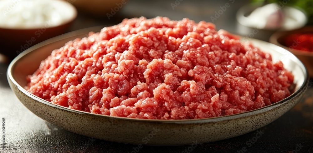 Fresh Ground Beef in Bowl, Red Meat Texture, Raw Minced Meat, Culinary Photography Fresh Ground Beef in Bowl, Red Meat Texture, Raw Minced Meat, Culinary Photography