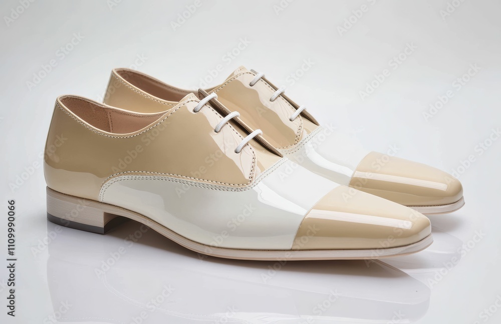 A glossy white beige shoe with fine stitching and a sophisticated design, shown in a side profile to emphasize its upscale appeal on the studio white background. A glossy white beige shoe with fine stitching and a sophisticated design, shown in a side profile to emphasize its upscale appeal on the studio white background.