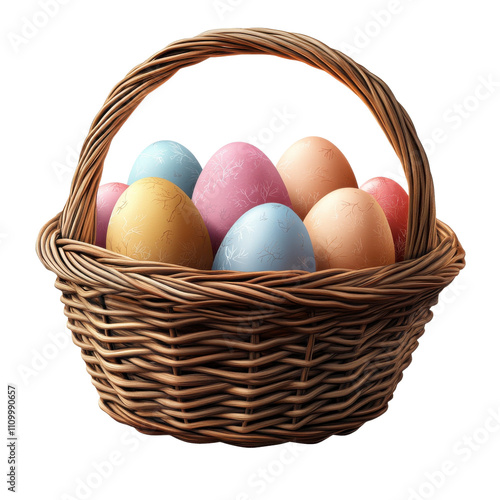 A beautifully woven basket filled with colorful eggs, perfect for spring celebrations, Easter decorations, and festive culinary displays. photo