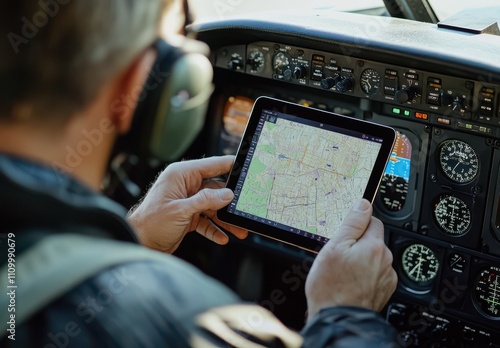 Pilot Using Tablet to Navigate Flight Path with Detailed Map Displayed in Cockpit of Light Aircraft During Daylight Operation