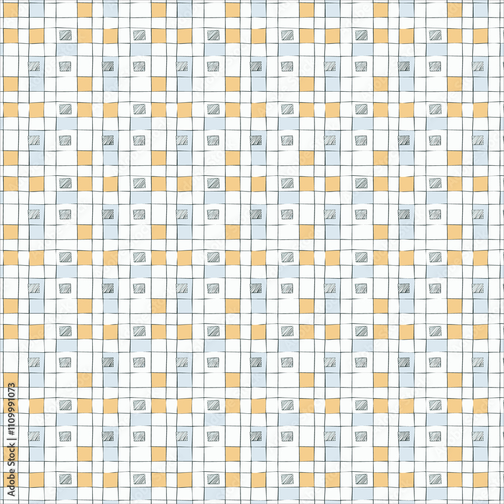 Fototapeta premium Pastel Blue and Orange Grid Pattern: Hand-Drawn Seamless Texture Illustration. AI Generated