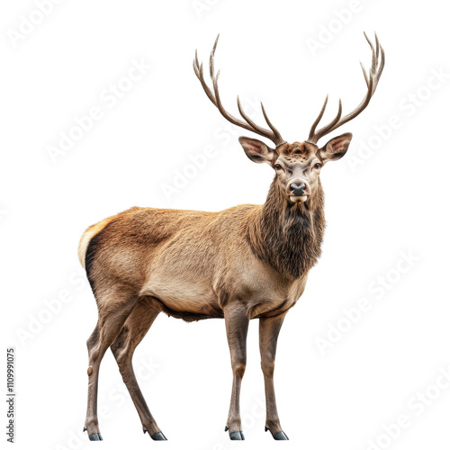 A majestic male deer stands proudly, showcasing its impressive antlers. This beautiful animal symbolizes grace and strength in the wild. photo