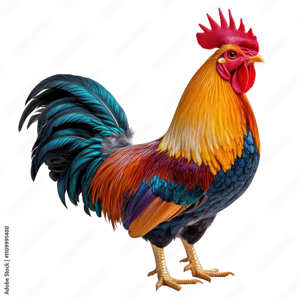 Fototapeta premium A vibrant and colorful rooster standing proudly, showcasing its striking feathers and alert posture in a rustic farm setting.