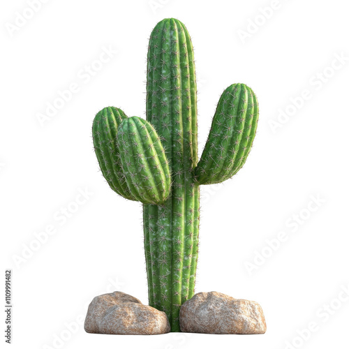 A vibrant cactus standing tall amidst smooth rocks, showcasing its green spines and unique structure. Perfect for themes of nature and resilience. photo