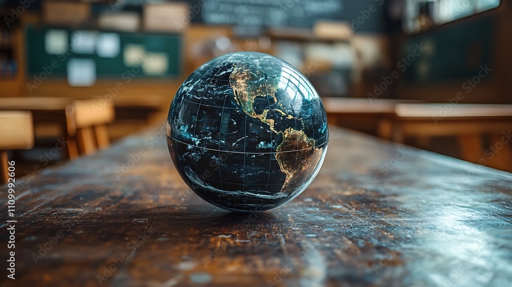 Futuristic Holographic Globe Projection Symbolizing Educational Focus on Planet Earth Ecosystems Futuristic Holographic Globe Projection Symbolizing Educational Focus on Planet Earth Ecosystems