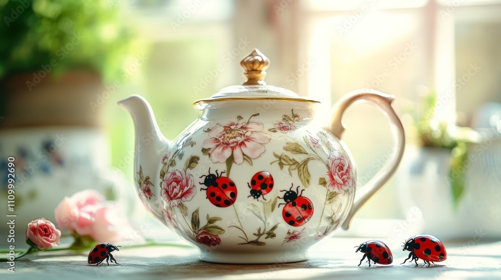 Ornate teapot with ladybugs and flowers near window. Ornate teapot with ladybugs and flowers near window.